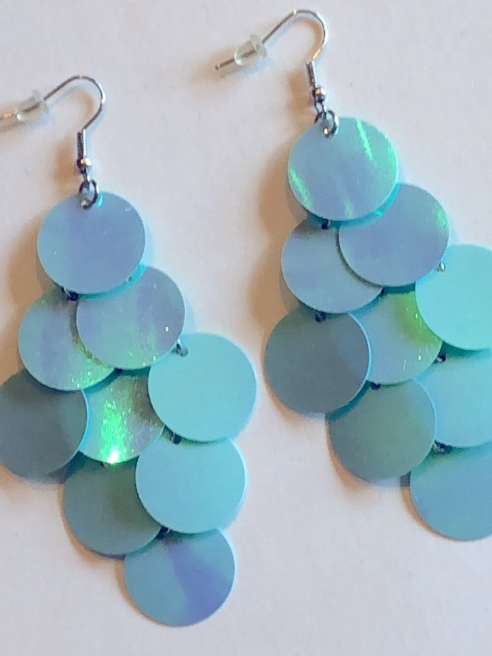 Iridescent Aqua Disc Drop Earrings